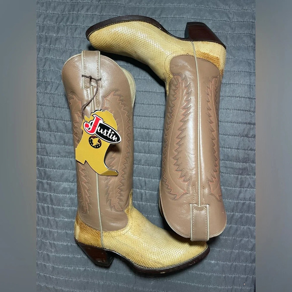 Justin Vintage Genuine Snakeskin Two-Tone Leather Cowboy Boots size 5.5B NWT - Picture 1 of 15